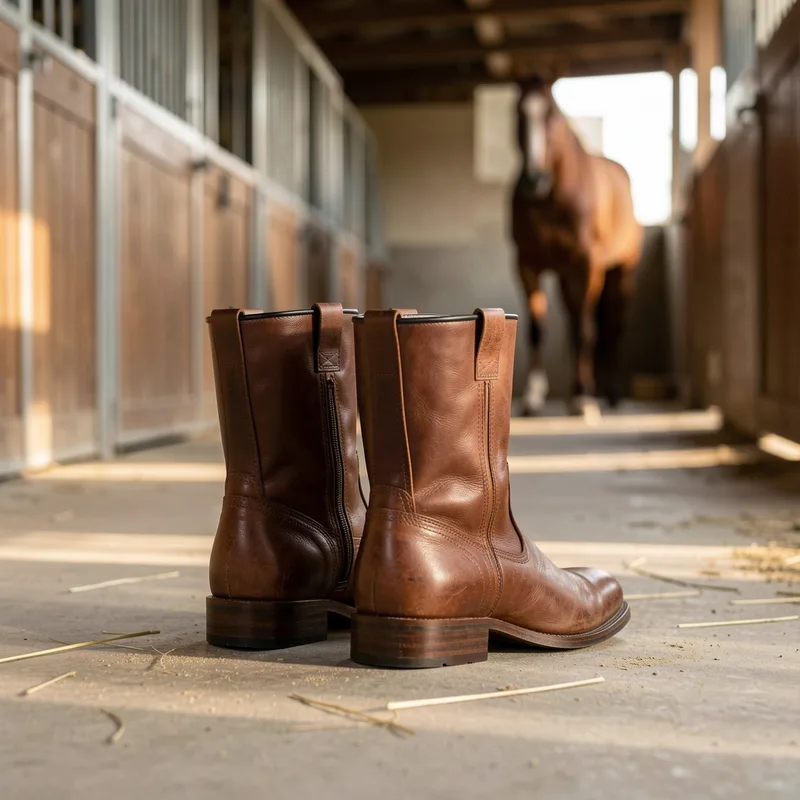 Paire de bottines d&rsquo;équitation en cuir marron posées sur le sol en béton d&rsquo;une allée d&rsquo;écurie