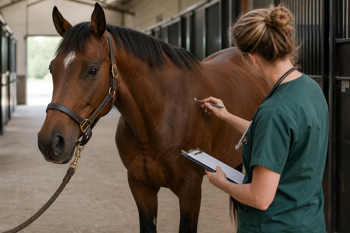 Vétérinaire équin relevant les marques d’un cheval bai dans une allée d’écurie