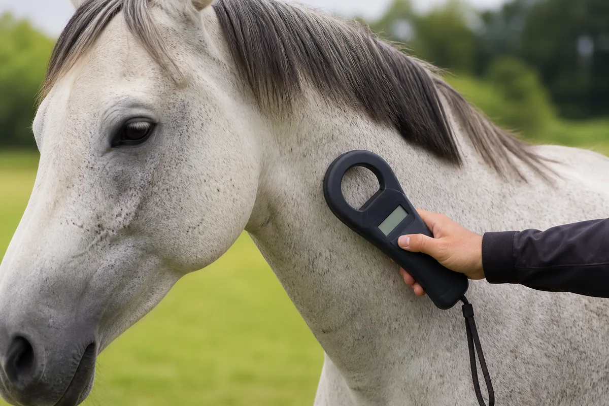 Main tenant un lecteur de transpondeur près de l’encolure d’un cheval gris au pré