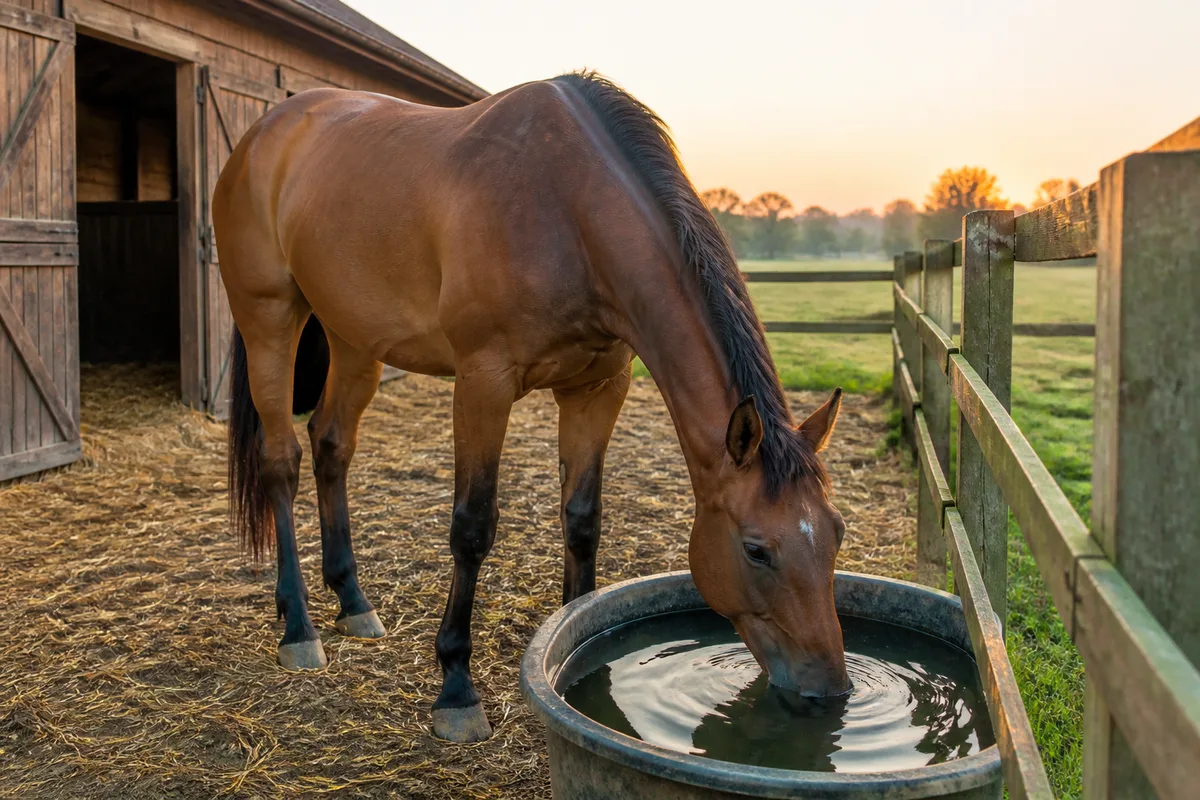 Cheval buvant à un bac d&rsquo;eau claire installé le long d&rsquo;une clôture de pré