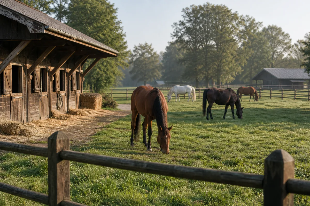 Chevaux au pré broutant paisiblement dans un enclos herbeux clôturé