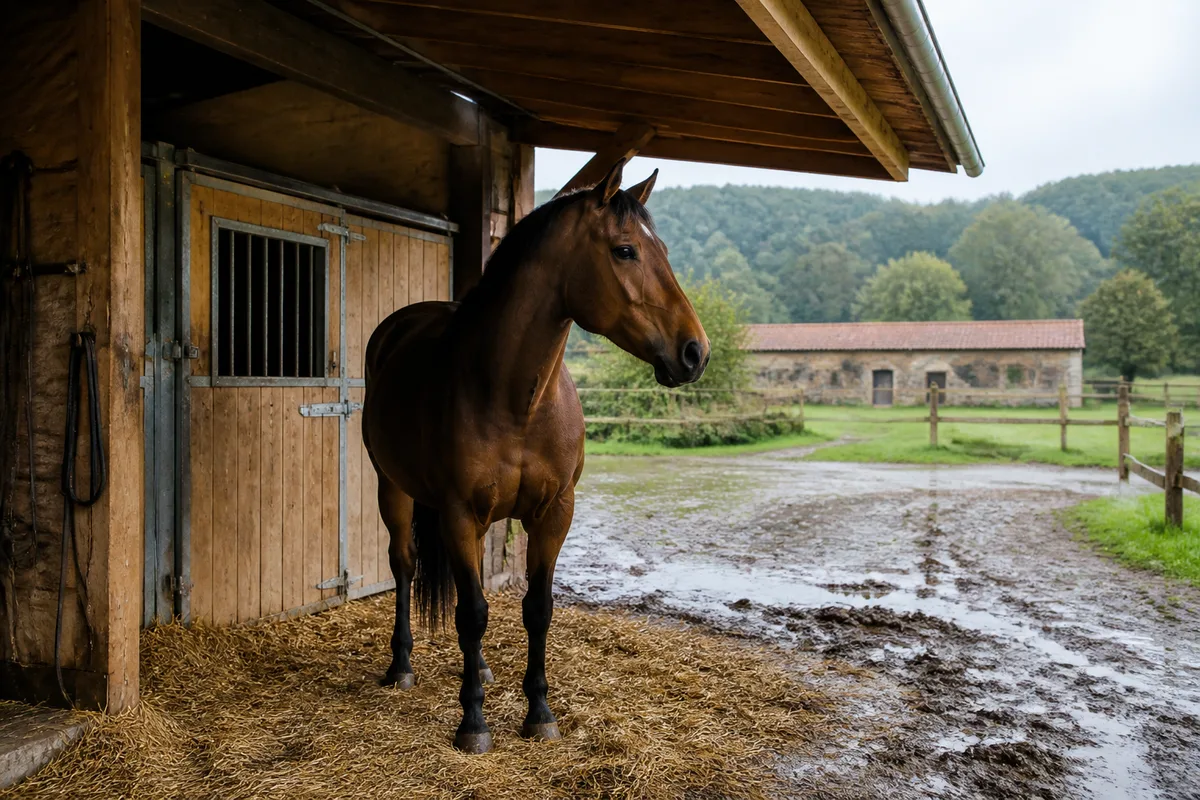 Cheval abrité sous un auvent de pré par temps humide, sol boueux à l&rsquo;entrée