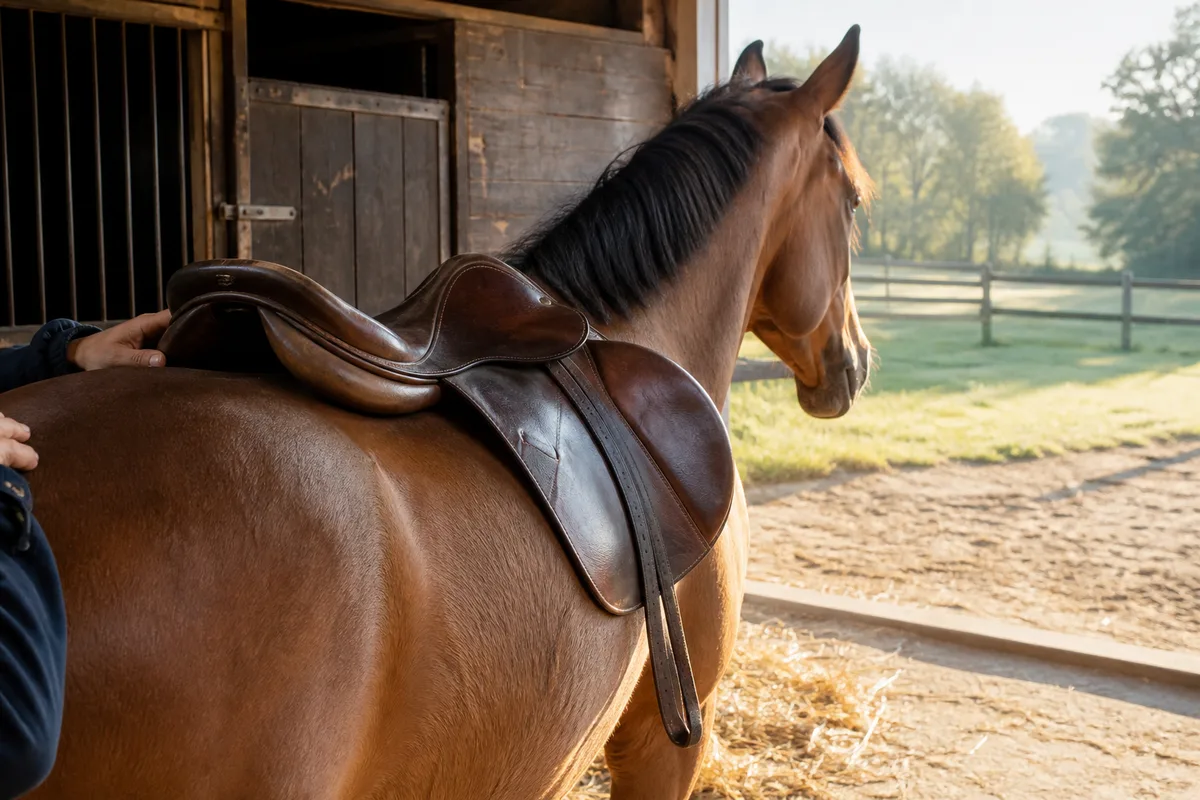 Selle posée sans tapis sur le dos d&rsquo;un cheval pour un contrôle d&rsquo;ajustement