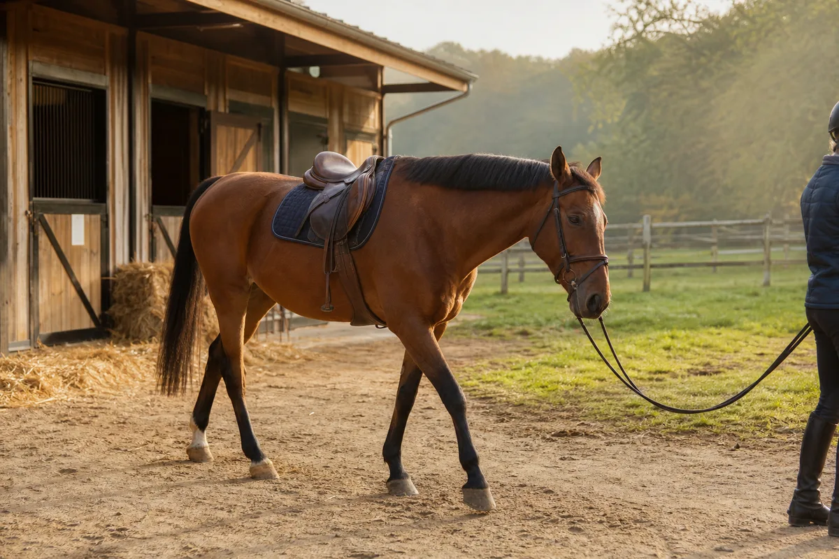Cheval marchant au pas rênes longues à la fin d&rsquo;une séance de travail