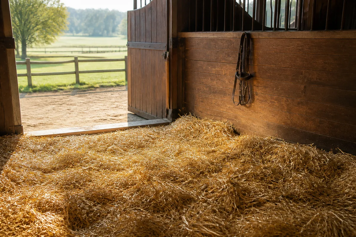 Box de cheval fraîchement paillé avec une litière épaisse et propre
