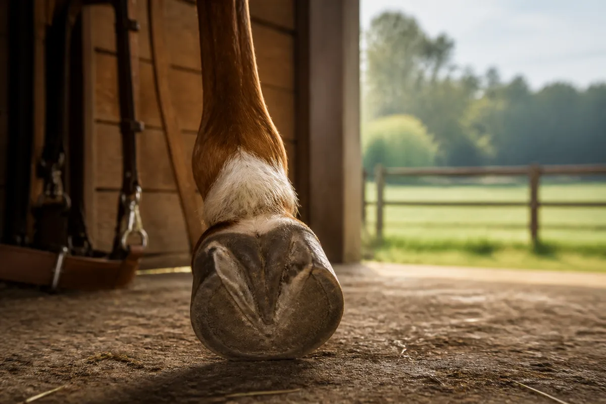 Sabot de cheval propre posé sur un sol sec, paroi et fourchette bien visibles