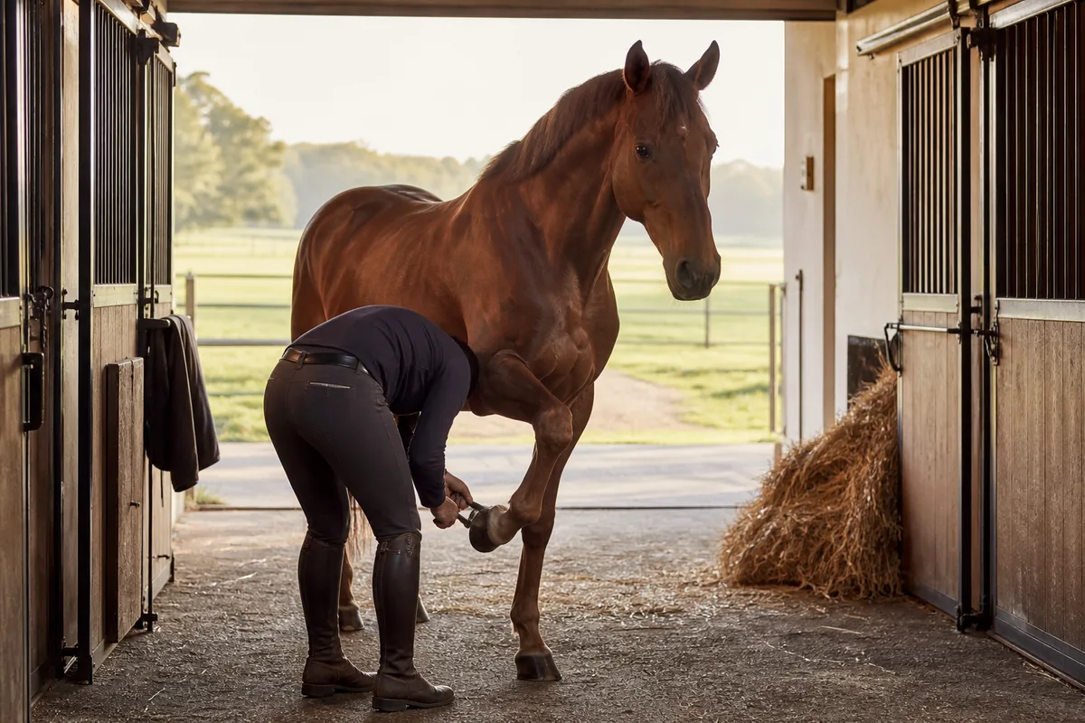 Cavalier curant le pied antérieur d&rsquo;un cheval dans une allée d&rsquo;écurie