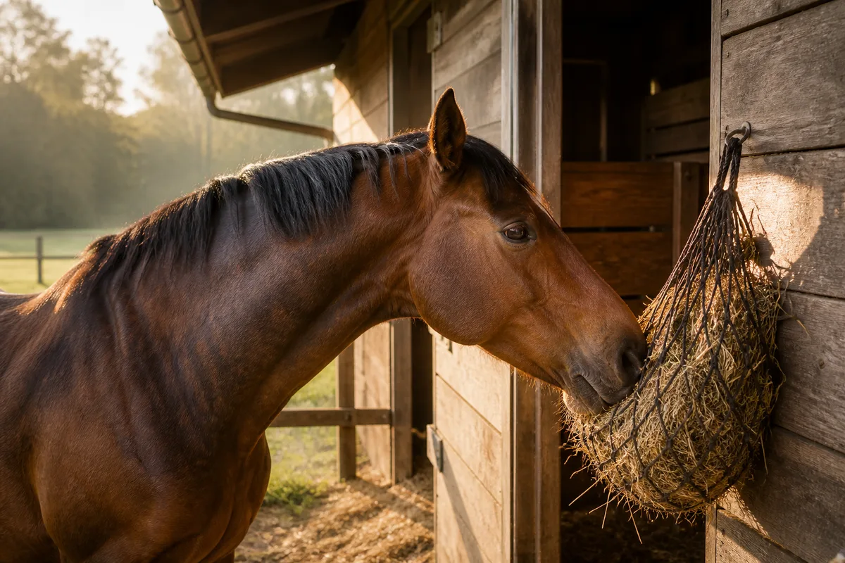 Cheval mangeant du foin dans un filet à mailles au bord d’un pré