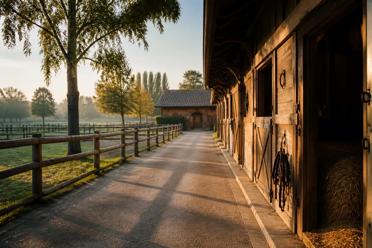 Cheval trotté en main sur une allée en dur, observé de profil par un cavalier