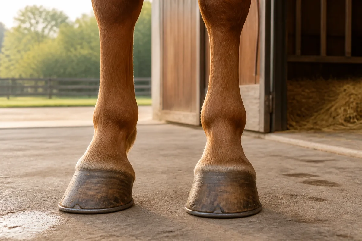Main d’un cavalier comparant la température des sabots antérieurs d’un cheval